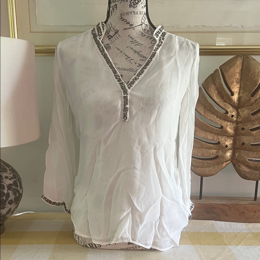 Zara white special edition Blouse with Embellished Trim